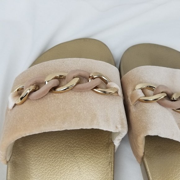 BEBE WOMEN SANDALS 9M GOLD BEIGE SLIDES - Picture 10 of 11